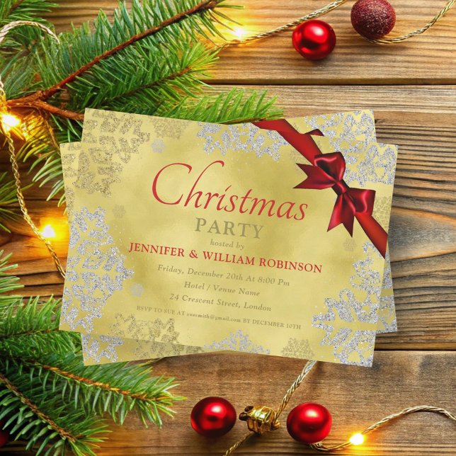 Convite FAUX Foil Snowflakes Fala Xmas Friso Foliday (Elegant FAUX Foil Snowflakes Xmas Holiday Ribbon Invitation)