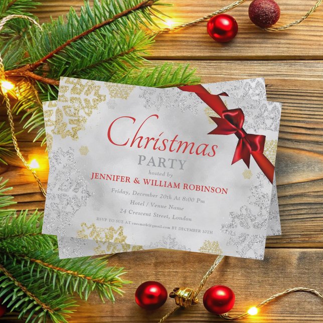 Convite FAUX Foil Snowflakes Xmas Holiday Fbon Silver (FAUX Foil Snowflakes Xmas Holiday Ribbon Silver Invitation)