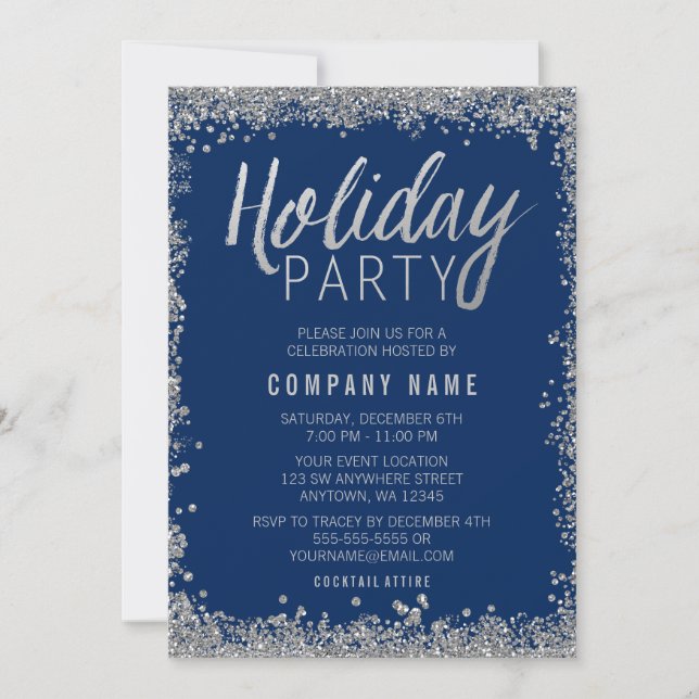 Convite Faux Glitter Blue Holiday Party (Frente)