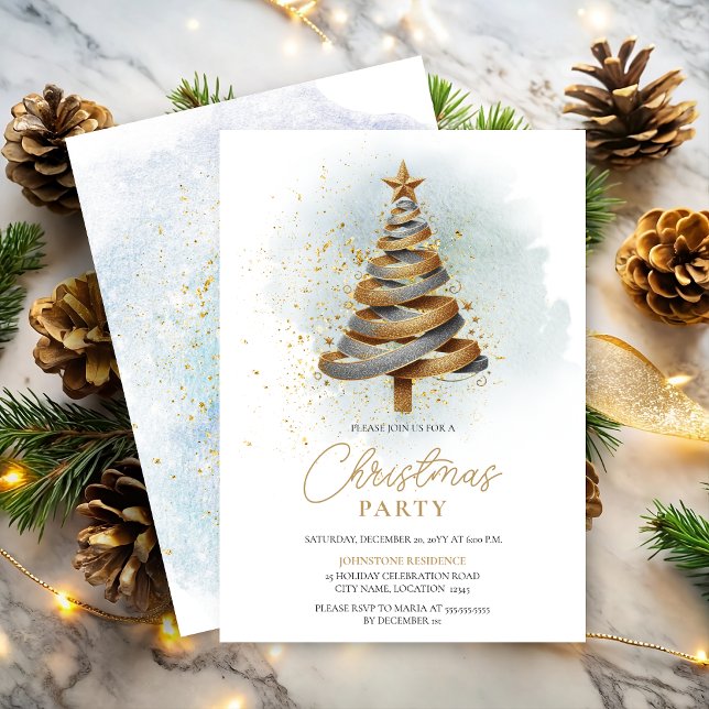 Convite Faux Glitter, Dourado Festa de Natal (Gold and silver faux glitter ribbon tree Christmas Party invitation front and back view.)