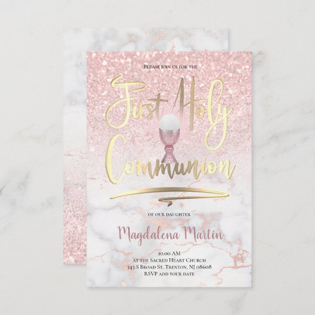Convite Faux glitter em mármore Primeira Comunhão Sagrada (Frente/Verso)