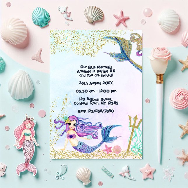 Convite Faux Glitter Party, Aniversário de criança de Sere (Magical Mermaid Faux Glitter Kids Birthday Party Invitation)