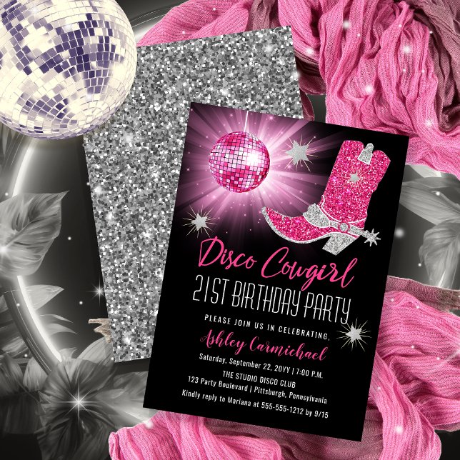 Convite Faux Glitter Pink Disco Cowgirl 21 Festa de aniver (Disco Cowgirl 21st Birthday Party Invitations -- Print and/or Download)