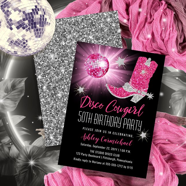 Convite Faux Glitter Pink Disco Cowgirl 50 Festa de aniver (Disco Cowgirl 50th Birthday Party Invitations -- Print and/or Download)