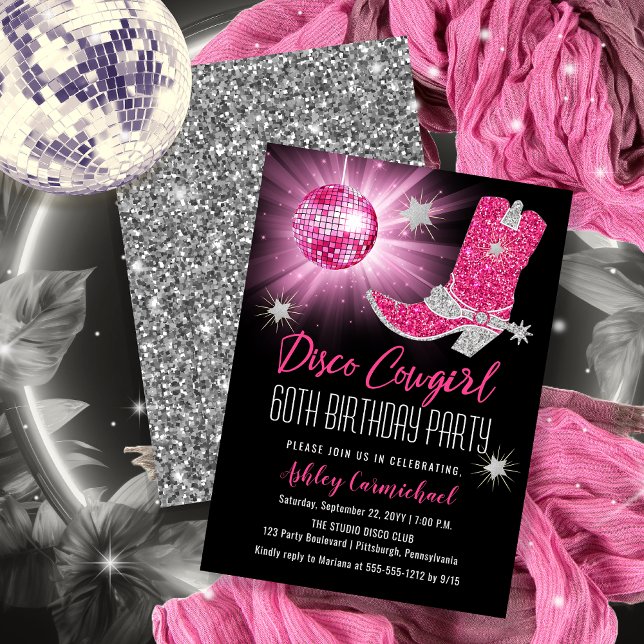 Convite Faux Glitter Pink Disco Cowgirl 60 Festa de aniver (Disco Cowgirl 60th Birthday Party Invitations -- Print and/or Download)
