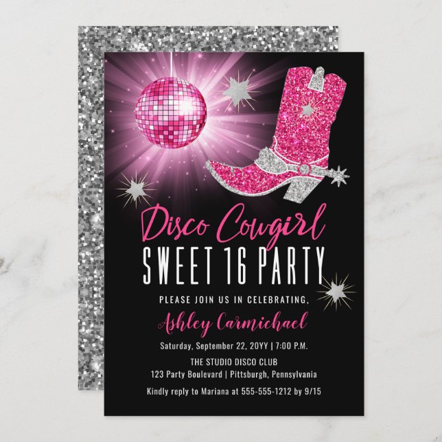 Convite Faux Glitter Pink Disco Cowgirl Sweet 16 Party (Frente/Verso)
