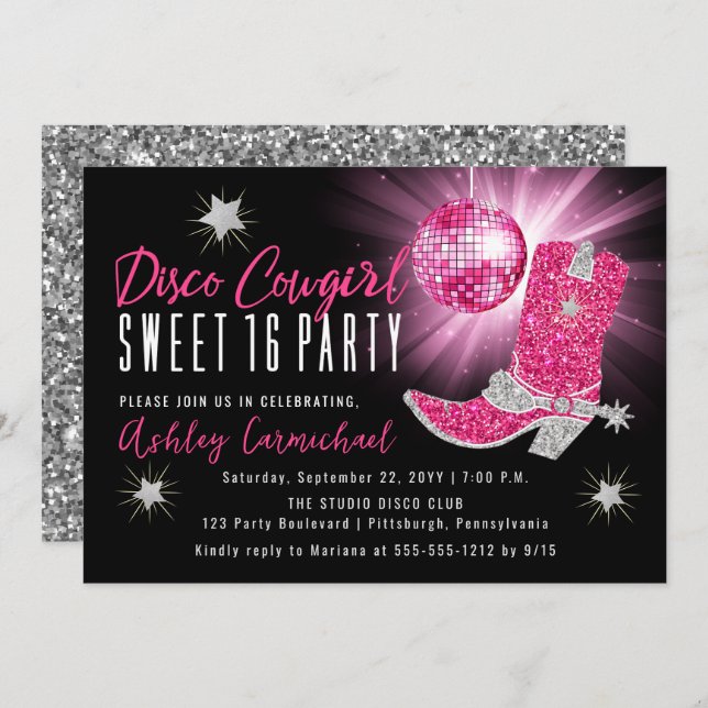 Convite Faux Glitter Pink Disco Cowgirl Sweet 16 Party (Frente/Verso)