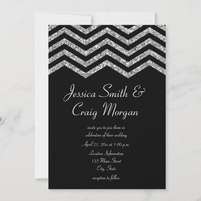 Convite Faux Glitter Prateado e Casamento com Chevron Pret (Frente)