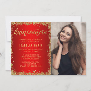 Convite Faux Glitter Quinceanera, Dourado Vermelho, Foto d
