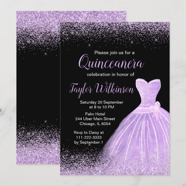 Convite Faux Glitter Quinceanera, Vestido Roxo Claro (Frente/Verso)