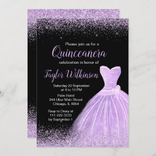 Convite Faux Glitter Quinceanera, Vestido Roxo Claro