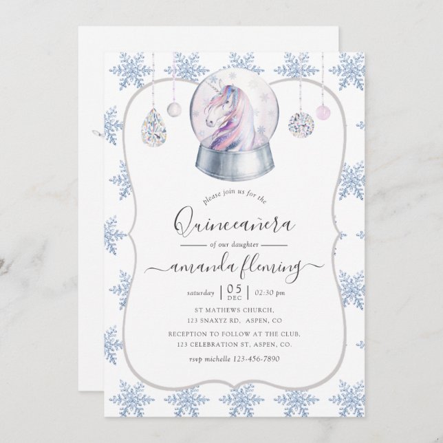 Convite Faux Glitter Unicorn Winter Wonderland Quinceañera (Frente/Verso)