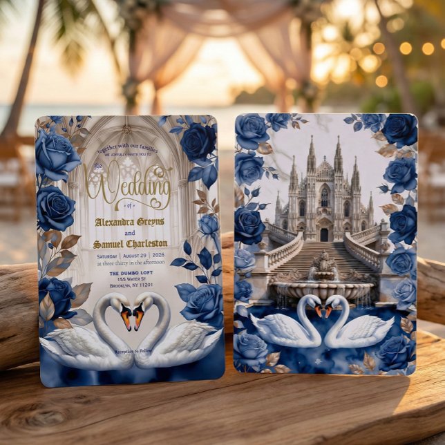 Convite Faux Gold & Bronze Swans Marble Cathedral Wedding (Criador carregado)