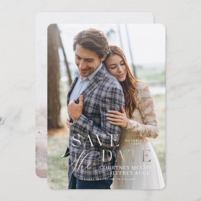 Convite Faux Gold Foil Casamento outono Salvar a Data (Frente/Verso)