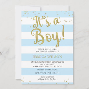 Convite Faux Gold Foil, Chá de fraldas Blue Stripes É um