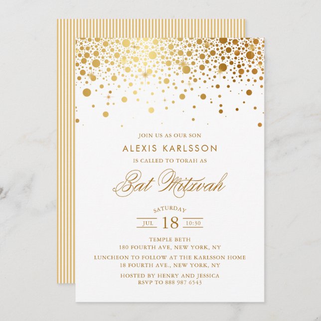 Convite Faux Gold Foil Confetti Bat Mitzvah (Frente/Verso)
