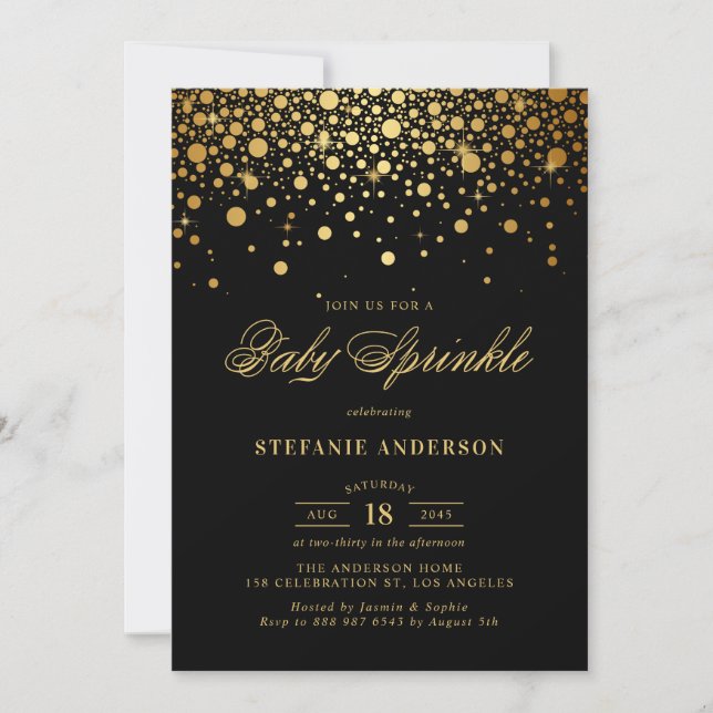 Convite Faux Gold Foil Confetti Black Baby Sprinkle (Frente)