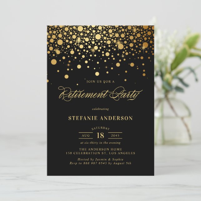Convite Faux Gold Foil Confetti Black Retirement Party (Em pé/Frente)