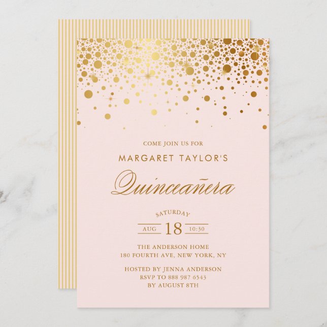Convite Faux Gold Foil Confetti Blush Pink Quinceañera (Frente/Verso)