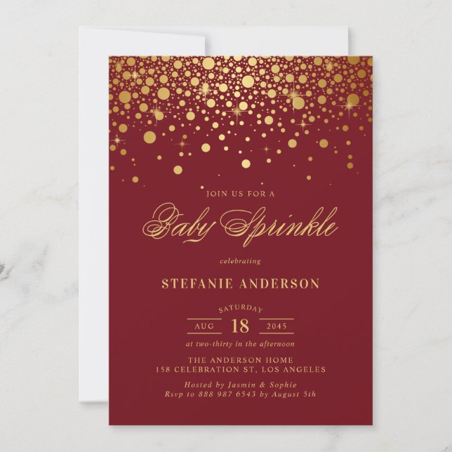 Convite Faux Gold Foil Confetti Burgundy Baby Sprinkle (Frente)