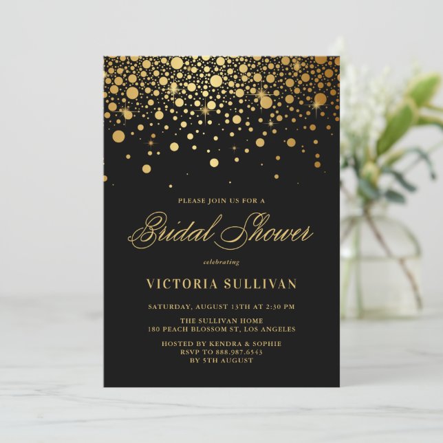 Convite Faux Gold Foil Confetti Chá de panela Preto (Em pé/Frente)