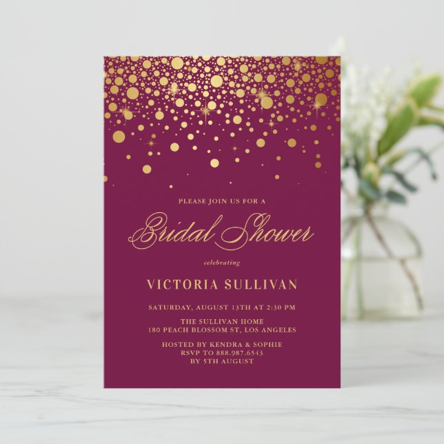 Convite Faux Gold Foil Confetti Chá de panela Roxo (Em pé/Frente)