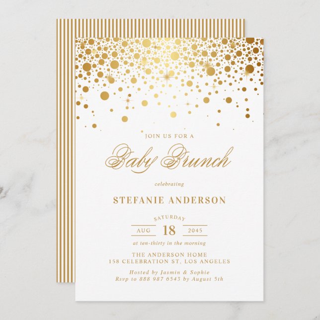 Convite Faux Gold Foil Confetti Dots Baby Brunch (Frente/Verso)