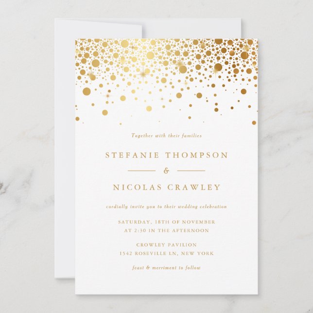 Convite Faux Gold Foil Confetti Dots Casamento (Frente)