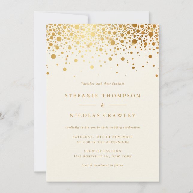 Convite Faux Gold Foil Confetti Dots Ivory Wedding (Frente)