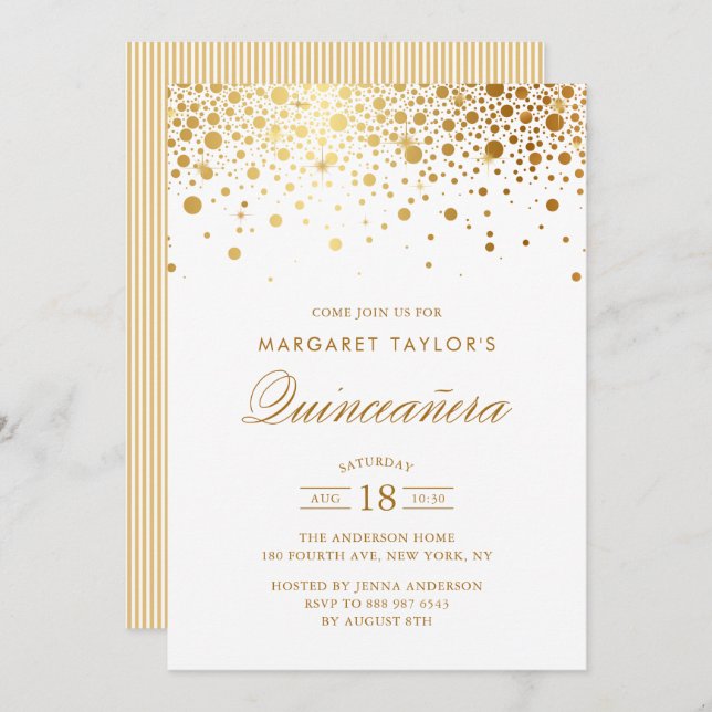Convite Faux Gold Foil Confetti Dots Quinceañera (Frente/Verso)