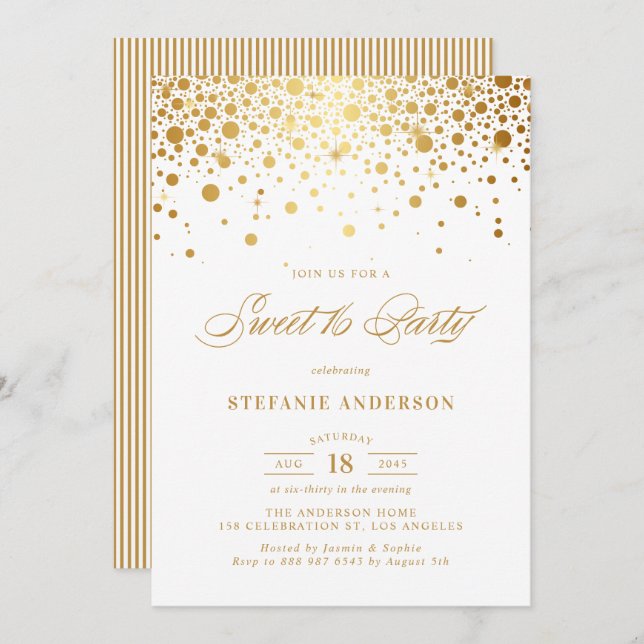 Convite Faux Gold Foil Confetti Dots Sweet 16 Party (Frente/Verso)