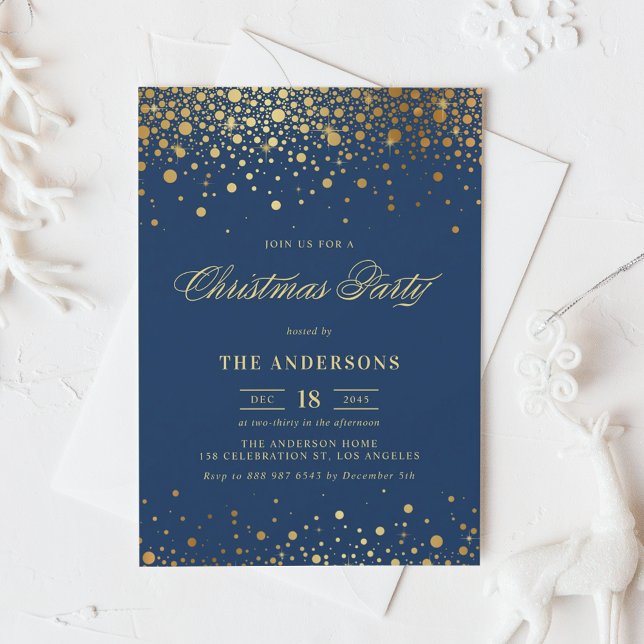 Convite Faux Gold Foil Confetti Festa de Natal | Azul (Criador carregado)