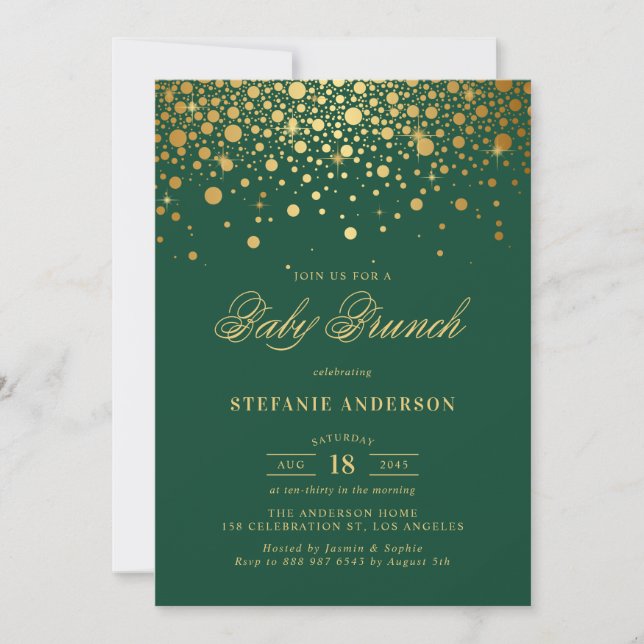 Convite Faux Gold Foil Confetti Green Baby Brunch (Frente)