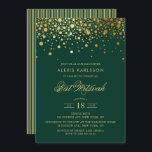 Convite Faux Gold Foil Confetti Green Bat Mitzvah<br><div class="desc">Convide a família e amigos para o Bat Mitzvah da sua filha com este elegante ouro e convite verde escuro. Ele apresenta pontos de confete dourados falsos e padrão de listras. Personalize adicionando nome,  data,  hora,  local e outros detalhes do evento. Itens correspondentes estão disponíveis.</div>