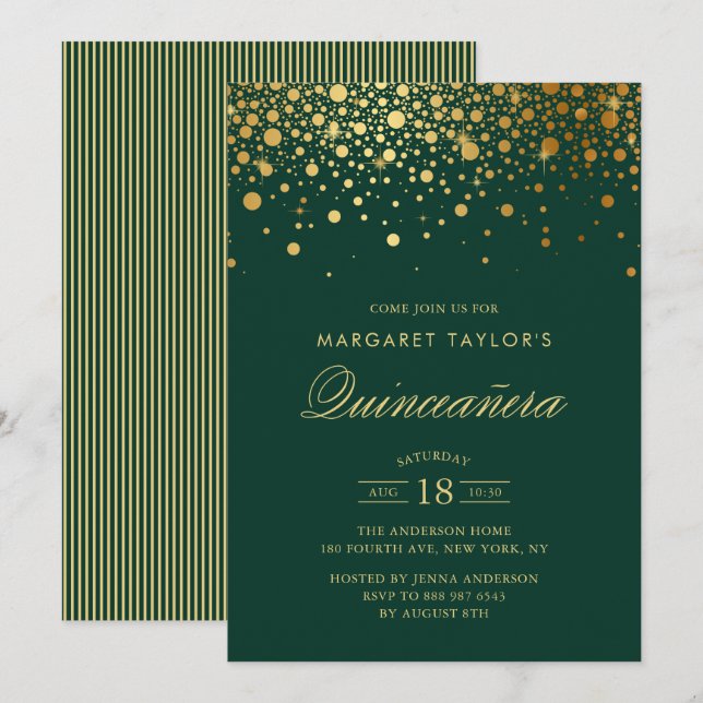Convite Faux Gold Foil Confetti Green Quinceañera (Frente/Verso)