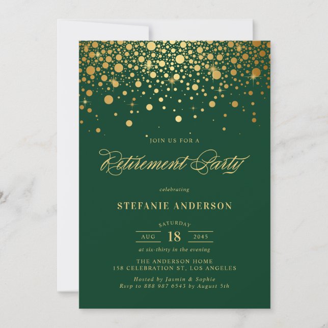 Convite Faux Gold Foil Confetti Green Retirement Party (Frente)