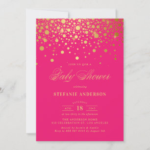 Convite Faux Gold Foil Confetti Hot Pink Chá de fraldas