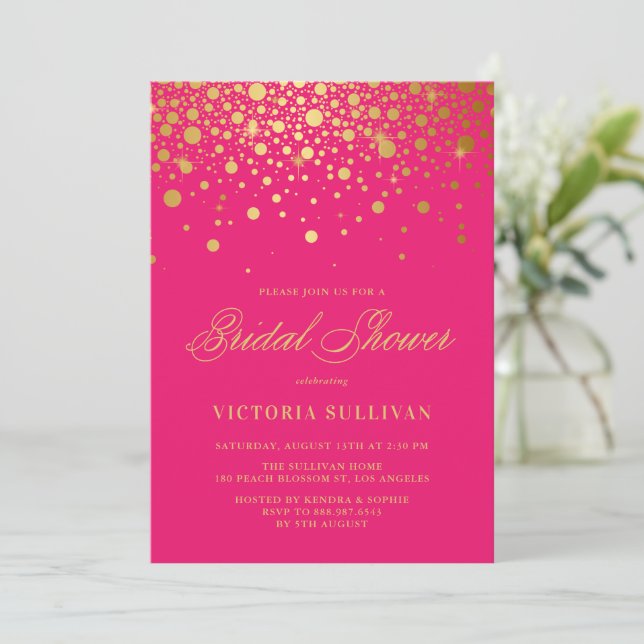Convite Faux Gold Foil Confetti Hot Pink Chá de panela (Em pé/Frente)