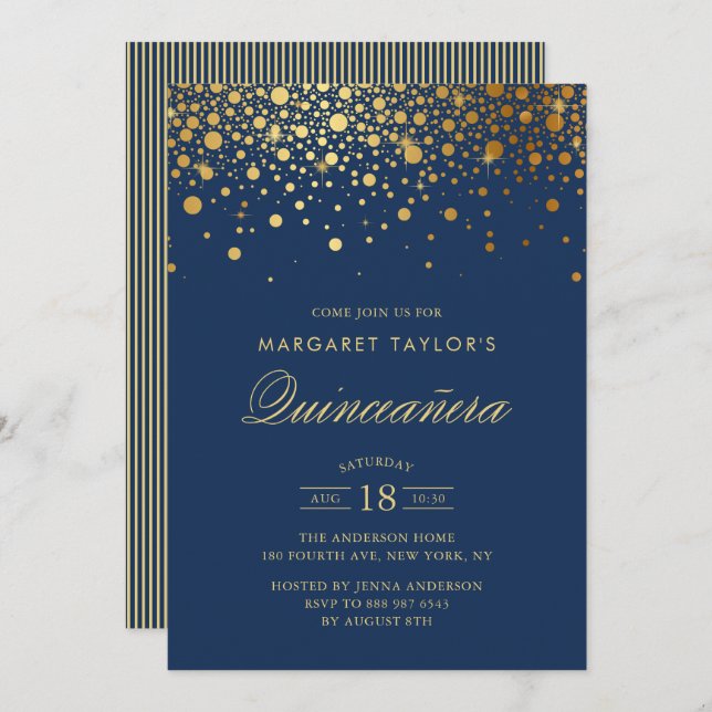 Convite Faux Gold Foil Confetti Marinho Blue Quinceañera (Frente/Verso)