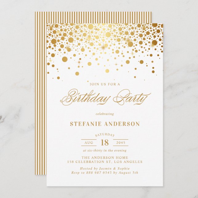 Convite Faux Gold Foil Confetti Pontos Aniversário (Frente/Verso)