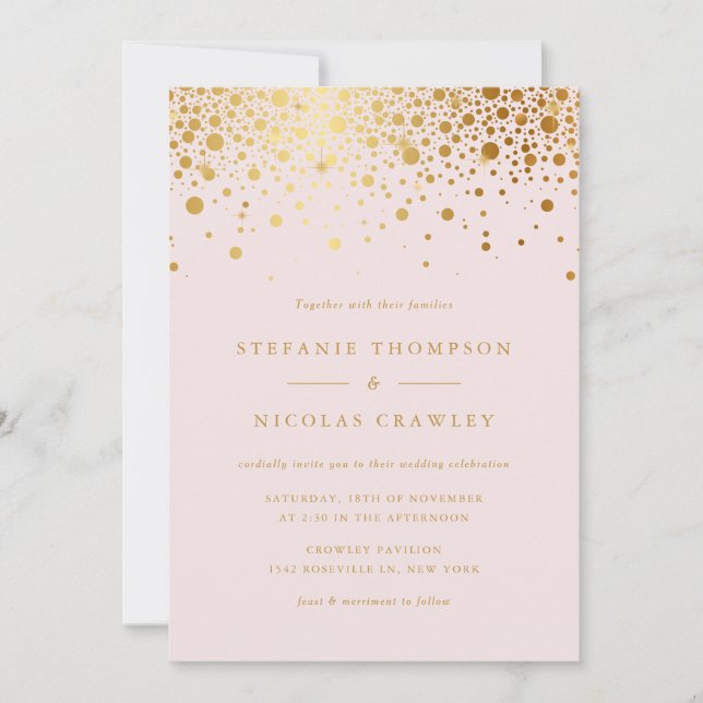 Convite Faux Gold Foil Confetti Pontos Blush Casamento (Frente)