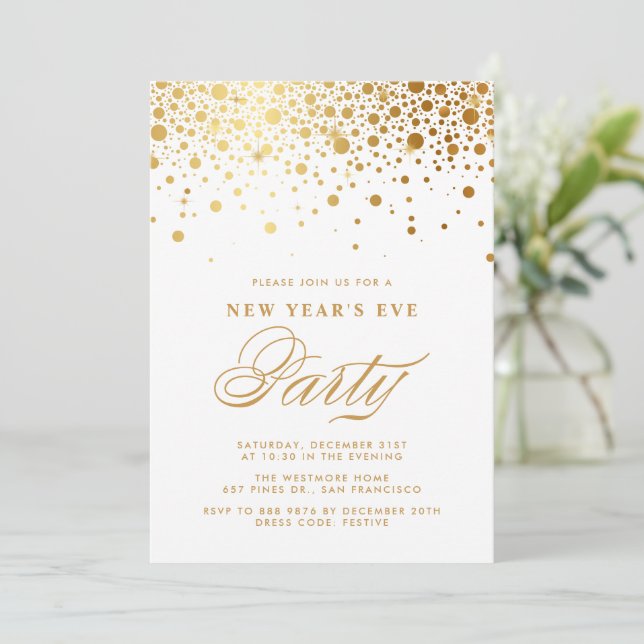 Convite Faux Gold Foil Confetti Pontos de Véspera de Ano N (Em pé/Frente)