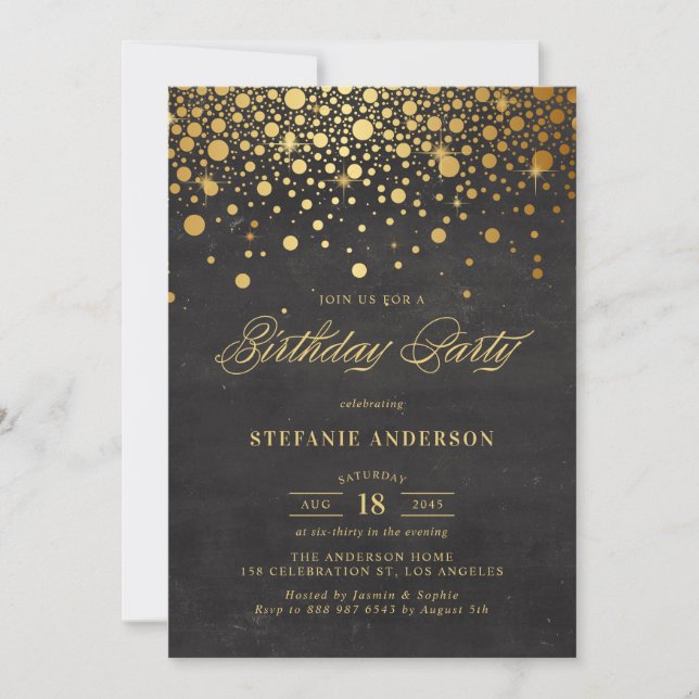 Convite Faux Gold Foil Confetti Pontos Negros Aniversário (Frente)