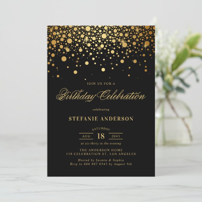 Convite Faux Gold Foil Confetti Pontos Negros Aniversário (Em pé/Frente)