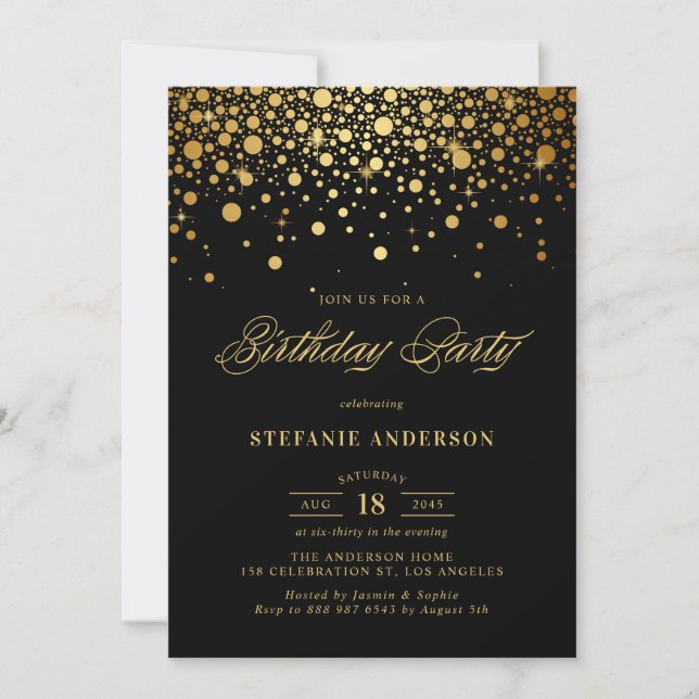 Convite Faux Gold Foil Confetti Pontos Negros Aniversário (Frente)