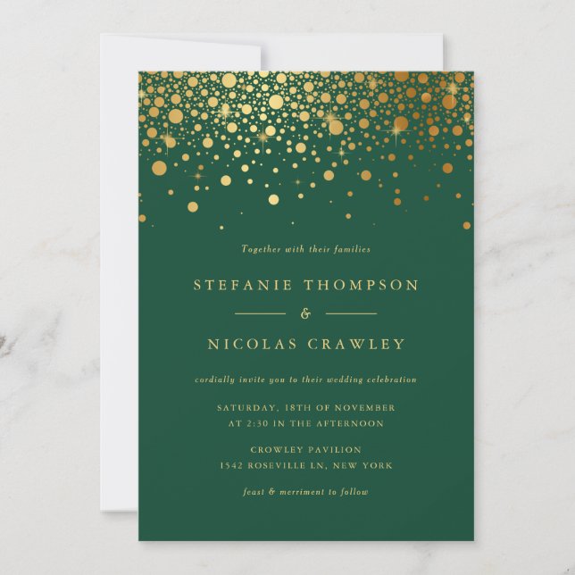 Convite Faux Gold Foil Confetti Pontos Verdes Casamento (Frente)