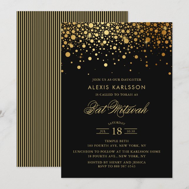 Convite Faux Gold Foil Confetti Preto Bat Mitzvah (Frente/Verso)