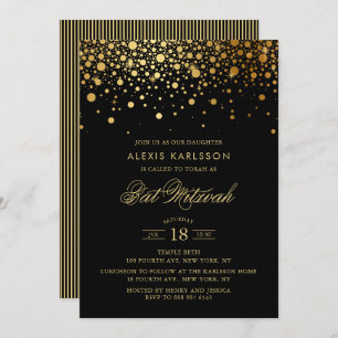 Convite Faux Gold Foil Confetti Preto Bat Mitzvah