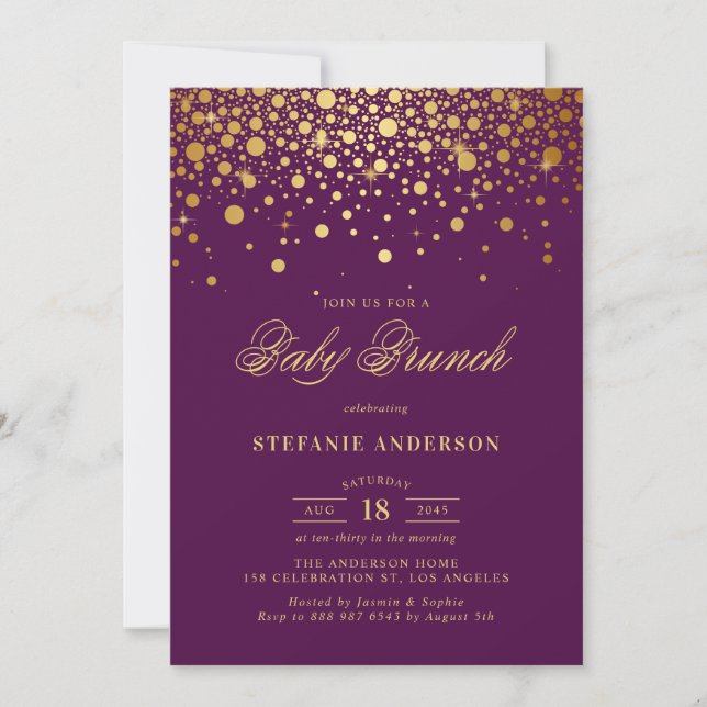 Convite Faux Gold Foil Confetti Purple Baby Brunch (Frente)