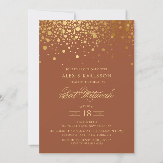 Convite Faux Gold Foil Confetti Terracotta Bat Mitzvah (Frente)